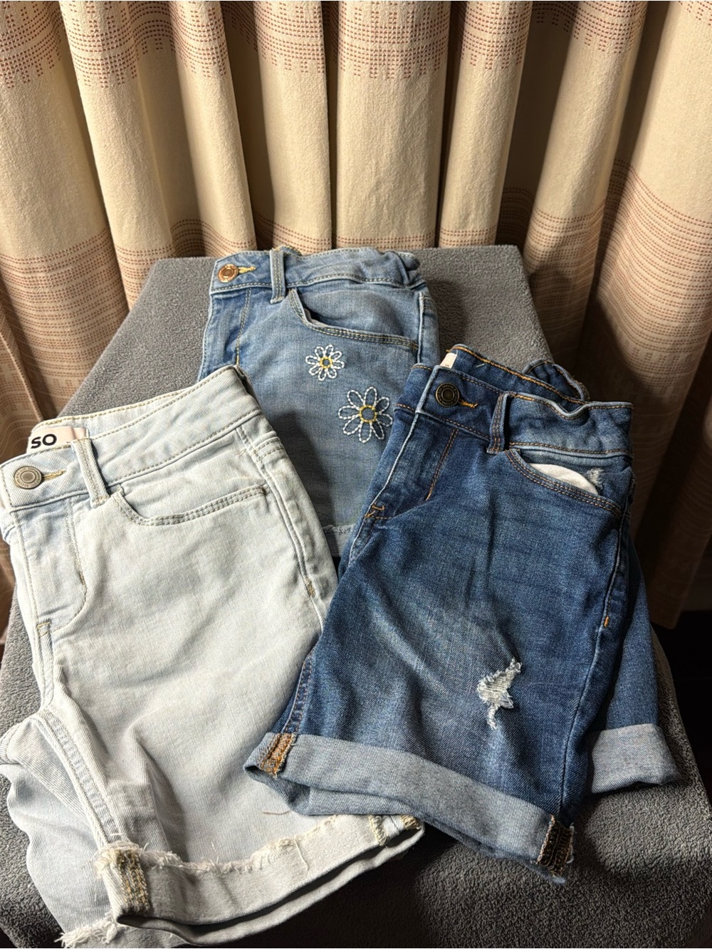 SO Kids Denim Shorts Trio in Light Blue, Medium Blue, and Pale Blue